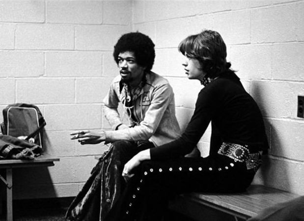 Jimi Hendrix and Mick Jagger. 1969.
